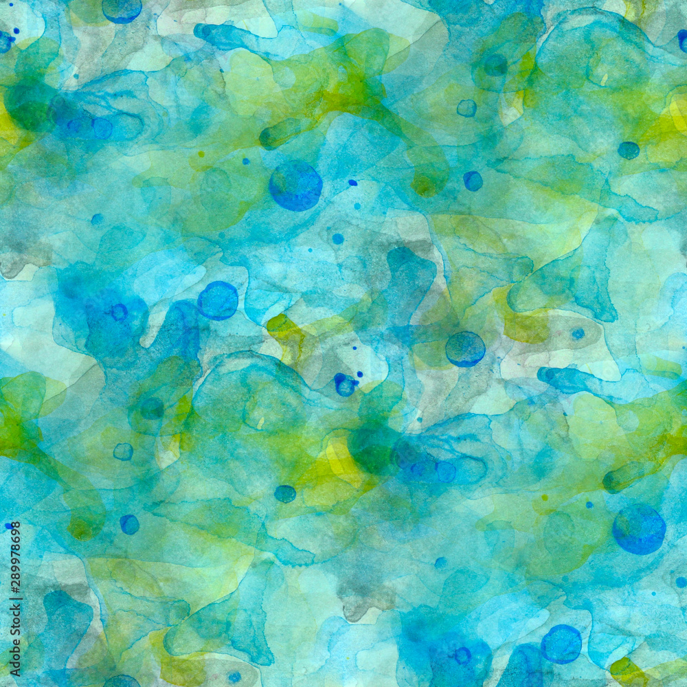 Seamless pattern abstract background blue, green,yellow blot smoke, waves, water. Hand drawn watercolor.
