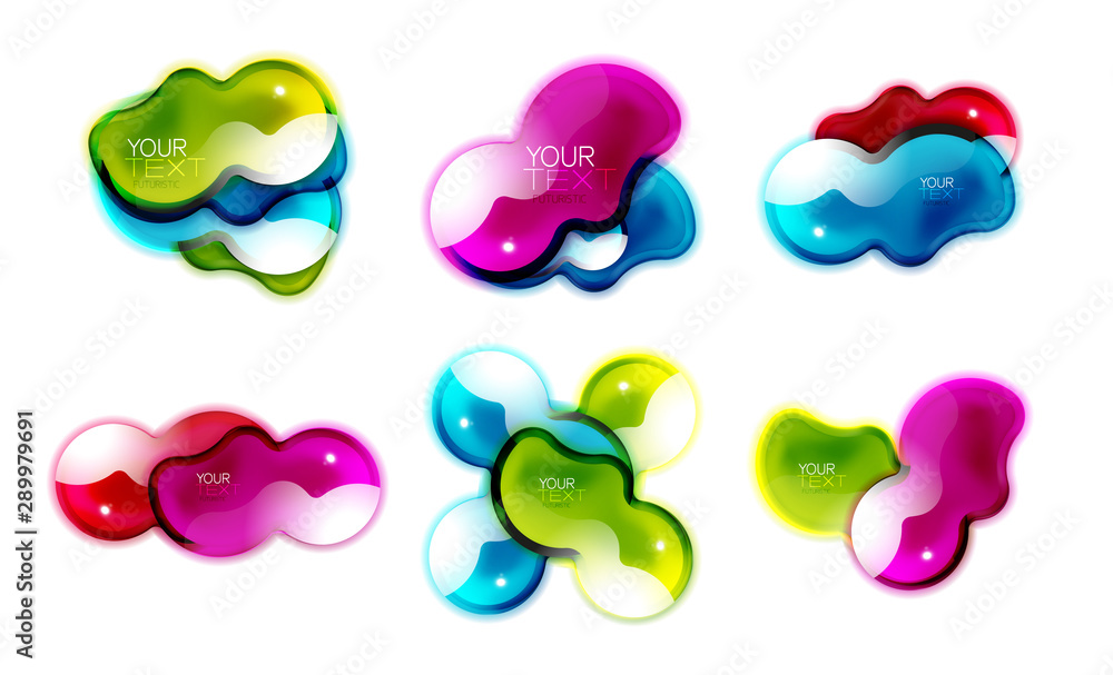 Set of abstract glossy shiny shapes. Liquid glass splash designs with sample text. Promotion web boxes, clean futuristic techno frames Set of abstract glossy shiny shapes. Liquid glass splash designs with sample text. Promotion web boxes, clean futuristic techno frames