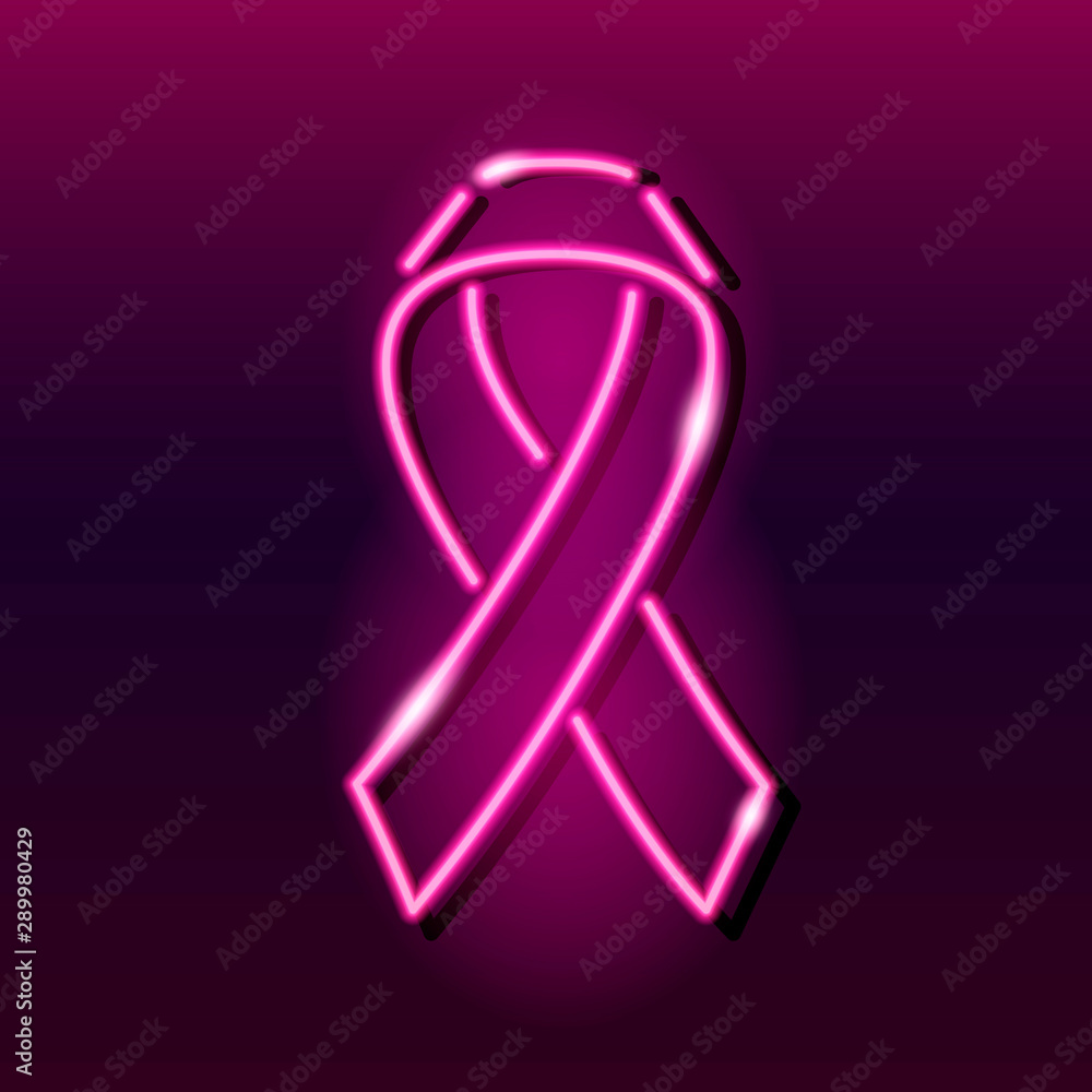 Neon pink ribbon breast cancer awareness symbol. Bright glowing icon