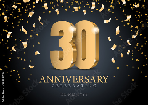 Anniversary 30. gold 3d numbers. Poster template for Celebrating 30th anniversary event party. Vector illustration