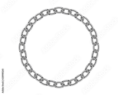 Realistic metal circle frame chain texture. Silver color round chains link isolated on white background. Strong iron chainlet solid three dimensional design element.