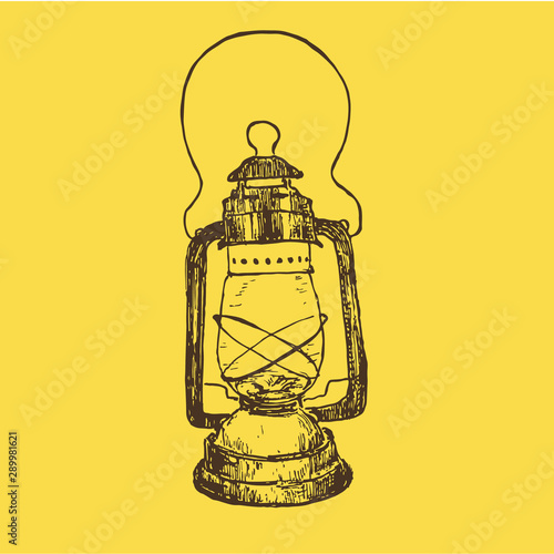 Vintage sketch kerosene lamp or lantern vector illustration. Ink hand drawn retro kerosene lamp on yellow background.