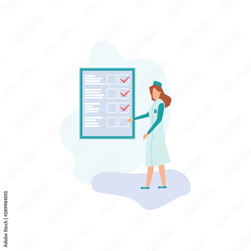 Female Doctor and Big Paper Sheet with Filled Form. Flat Cartoon Medical Records Document or Card with Patient Data, Information, Diagnosis Analyze, Investigation, Medical Research Vector Illustration Female Doctor and Big Paper Sheet with Filled Form. Flat Cartoon Medical Records Document or Card with Patient Data, Information, Diagnosis Analyze, Investigation, Medical Research Vector Illustration