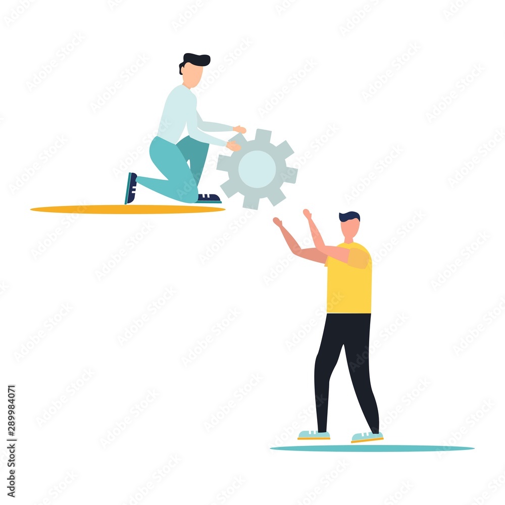 Two businessman holding gear. Idea of teamwork and partnership. Part of the mechanism, corporate business. Isolated vector illustration in cartoon style