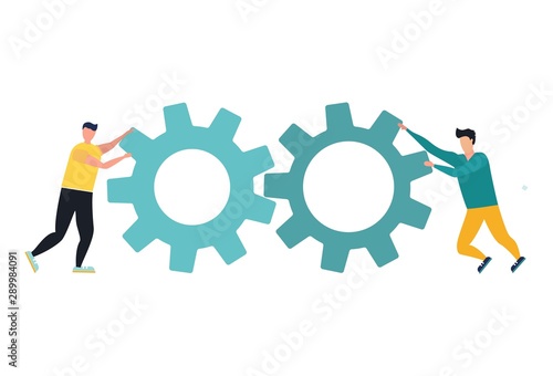 Two businessman holding gear. Idea of teamwork and partnership. Part of the mechanism, corporate business. Isolated vector illustration in cartoon style
