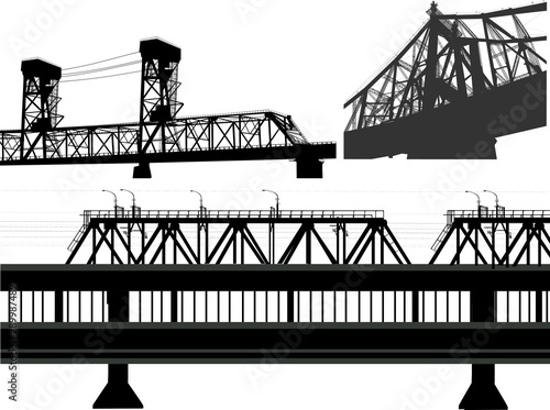 three isolated black train bridges on white