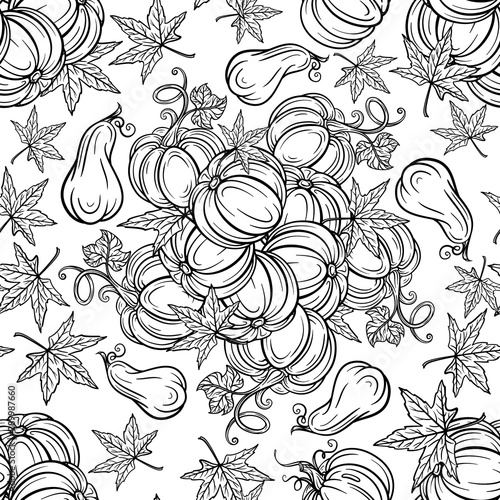 Black and white autumn vector seamless pattern. Pumpkins and autumn leaves background.