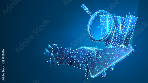 Phone in a hand. World wide web analysis via mobile phone, magnifying glass. Letter w, http concept. Abstract, digital, wireframe, low poly, mesh, polygonal vector blue neon 3d illustration. Line, dot