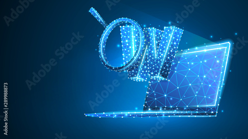 Letter w, magnifying glass on notebook screen. World wide web analysis, domain search, www address concept. Abstract, digital wireframe low poly mesh vector blue neon 3d illustration. Line, dot