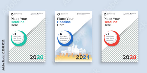 Poster cover book design template in A4 layout with space for photo background, 3 Color ways included, Use for annual report, proposal, portfolio, brochure, flyer, leaflet, catalog, magazine, booklet.