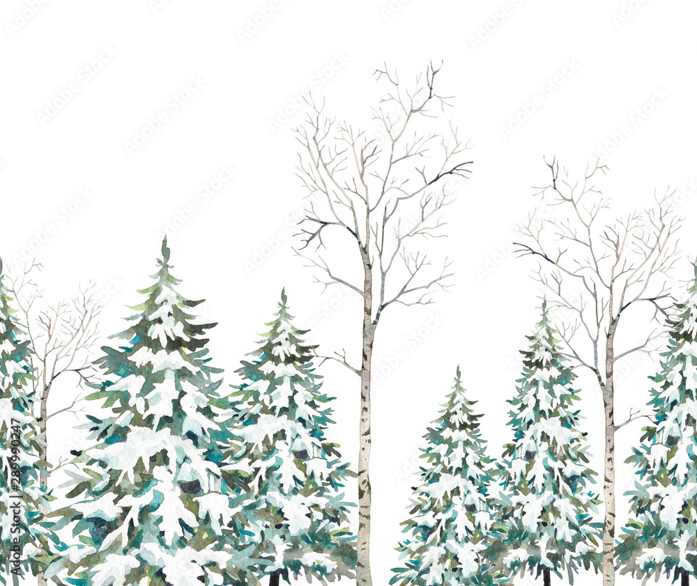 custom made wallpaper toronto digitalWatercolor winter trees seamless pattern. Holiday repeating border design with snow covered christmas trees, birch on white background.