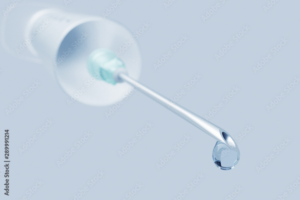 Syringe with a thin needle and drop, closeup on white background. Render 3d illustration Syringe with a thin needle and drop, closeup on white background. Render 3d illustration