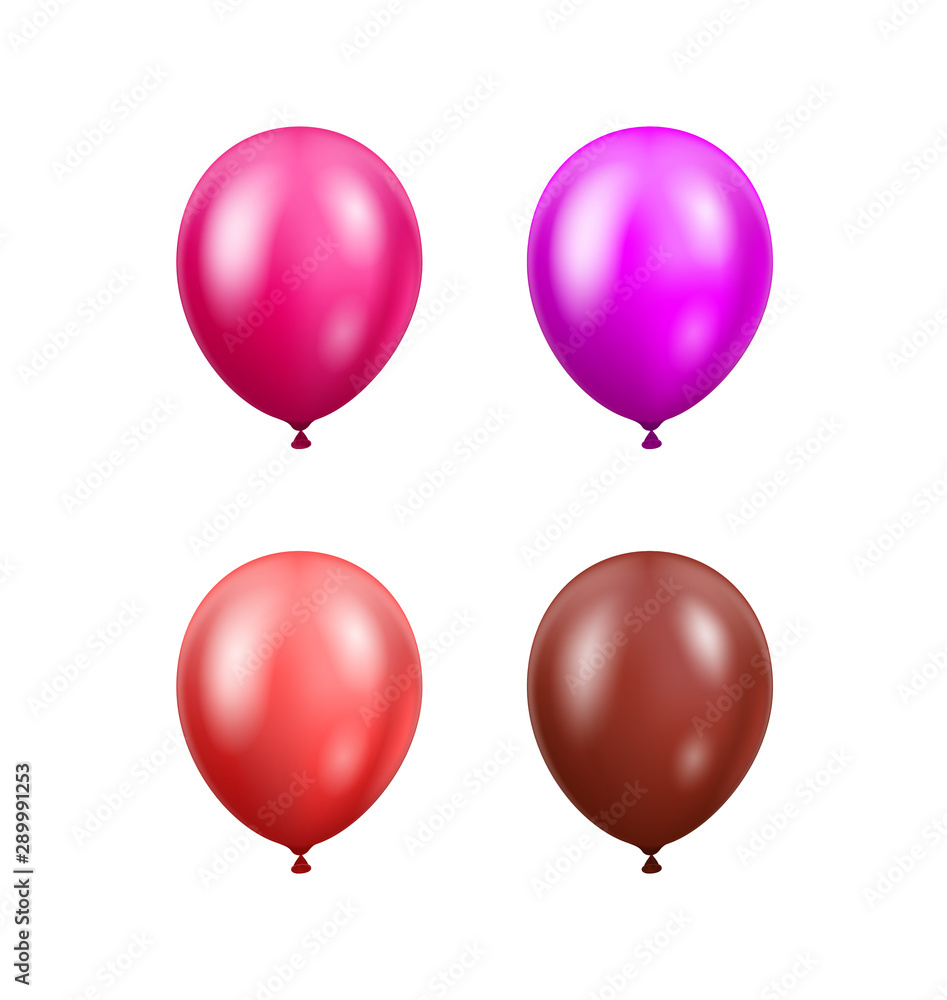 Multi-colored balloons isolated on white background. Glossy pink, purple, coral and brown 3D realistic helium balloons. Vector concept for banner, cards and other designs.
