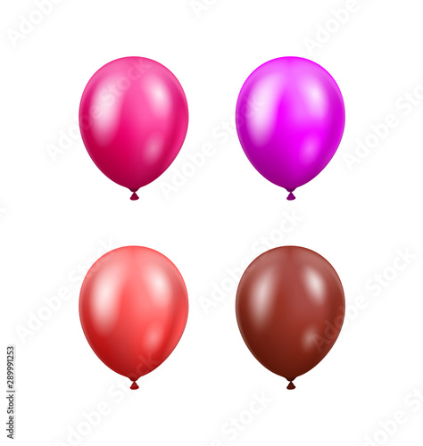Multi-colored balloons isolated on white background. Glossy pink, purple, coral and brown 3D realistic helium balloons. Vector concept for banner, cards and other designs.