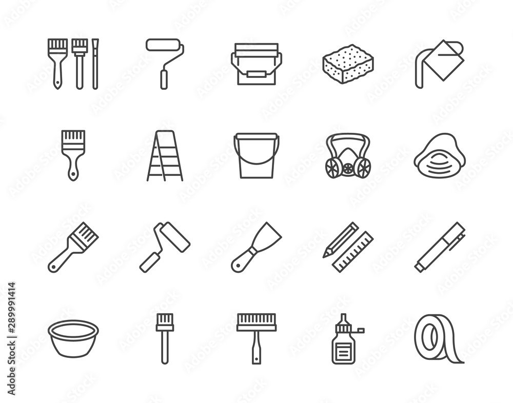 Painter tools flat line icons set Home renovating equipment roller paintbrush ladder masking tape, respirator vector illustrations. Outline signs interior design. Pixel perfect 64x64 Editable Strokes Painter tools flat line icons set Home renovating equipment roller paintbrush ladder masking tape, respirator vector illustrations. Outline signs interior design. Pixel perfect 64x64 Editable Strokes