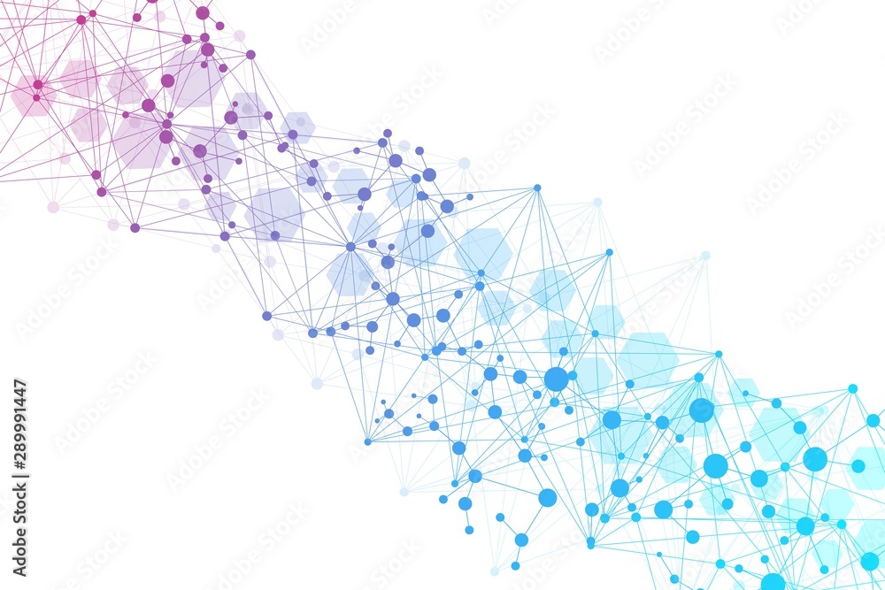 Science network pattern, connecting lines and dots. Technology hexagons structure or molecular connect elements.