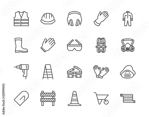 Safety equipment, required PPE flat line icons set. Protective gloves builder helmet respirator, harness vector illustrations. Outline signs personal protection. Pixel perfect 64x64. Editable Strokes photo