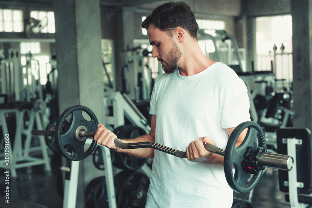 Handsome Man is Weight Exercising With Bodybuilder Equipment in Fitness Club. Portrait of Strong Man Doing Working Out Body Building in Gym., Healthy and Fitness Sport Gym Concept Handsome Man is Weight Exercising With Bodybuilder Equipment in Fitness Club. Portrait of Strong Man Doing Working Out Body Building in Gym., Healthy and Fitness Sport Gym Concept