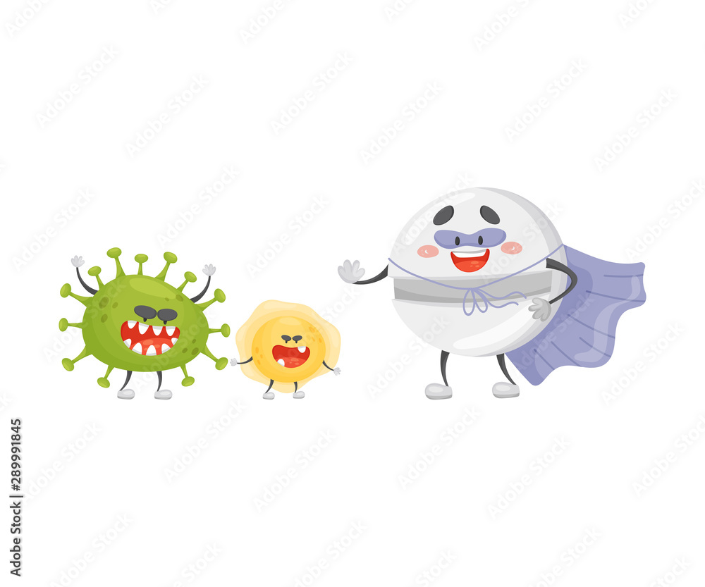 Round cartoon tablet in a superhero costume. Vector illustration on a white background. Round cartoon tablet in a superhero costume. Vector illustration on a white background.