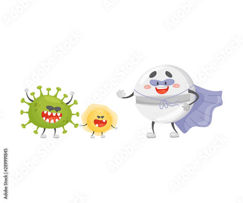 Round cartoon tablet in a superhero costume. Vector illustration on a white background.