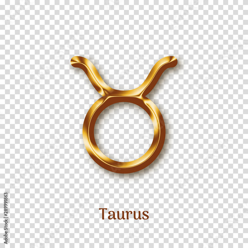 Taurus golden zodiac sign on transparent background. Luxury star sign for astrology horoscope prediction. Glossy zodiac symbol. Realistic gold design of horoscope constellation vector illustration