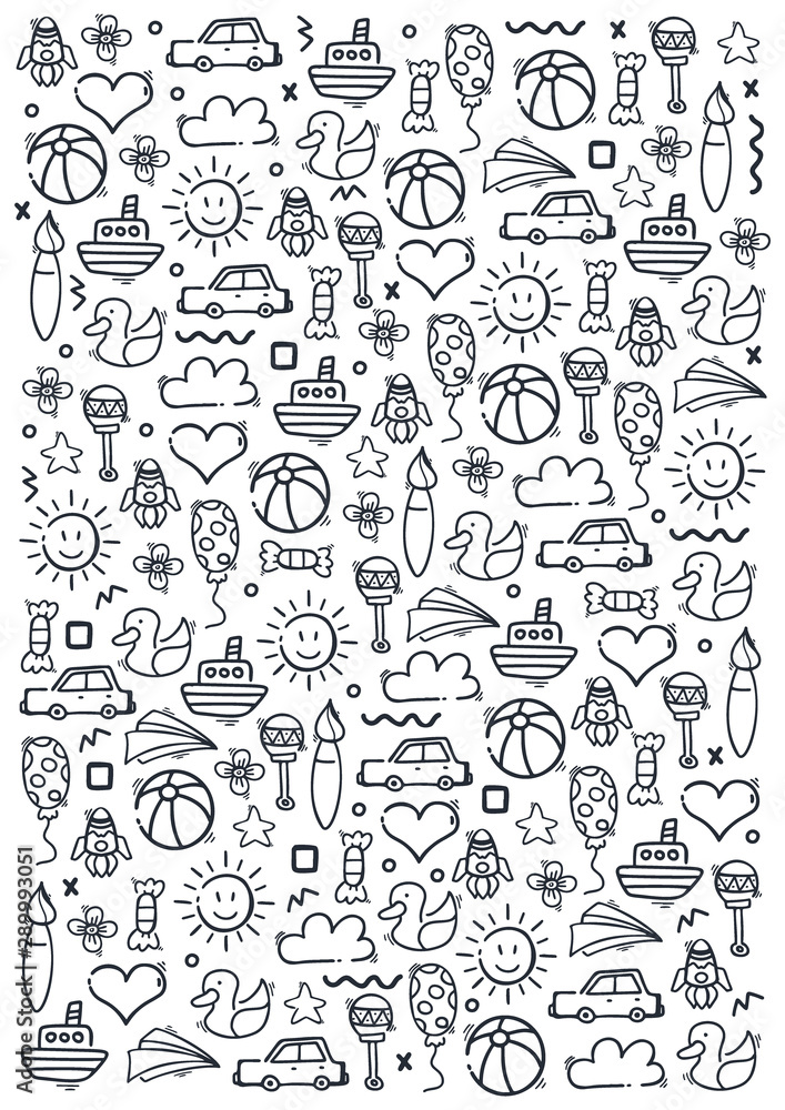 Hand draw Kids doodle background. Objects from a child's life.