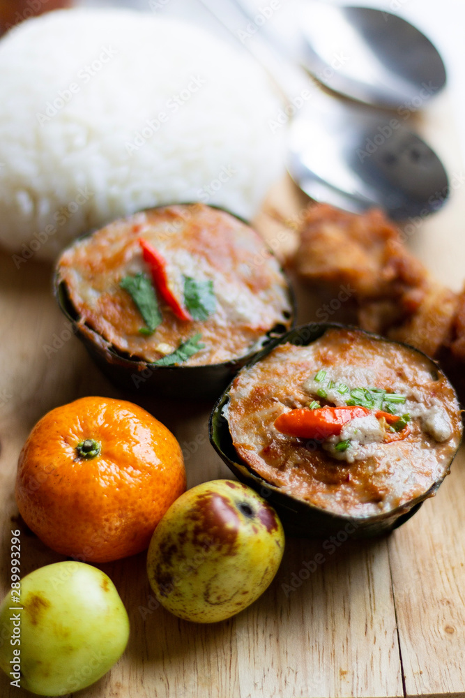 Traditional thai food called haw moak Traditional thai food called haw moak