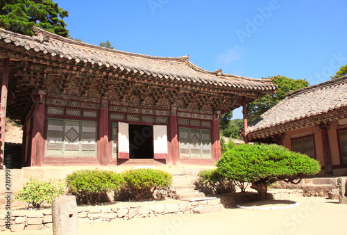 Pavilions in ancient Buddhist temple Woljeong, North Korea photo