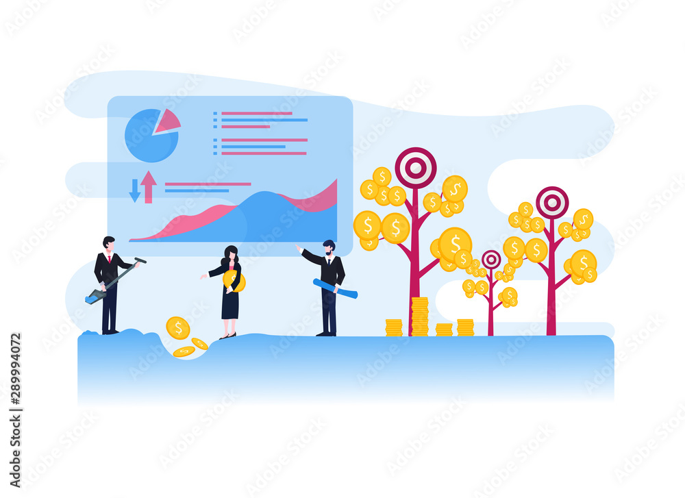 Business investment, financial, and teamwork concept with money trees illustration