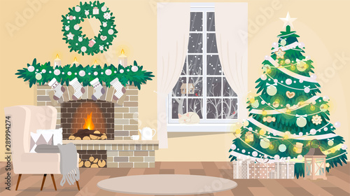 Christmas room interior. Armchair with pillow, decorated Christmas tree, colorful gifts and snow outside the window. 