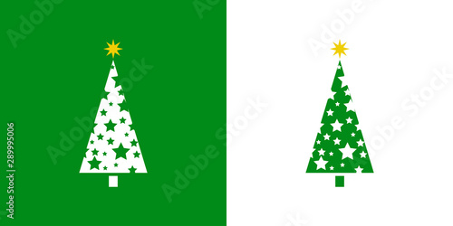 Logotipo con árbol de navidad abstracto triangular con estrellas en verde y blanco 