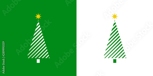 Logotipo con árbol de navidad abstracto triangular con estrella y líneas diagonales en verde y blanco 