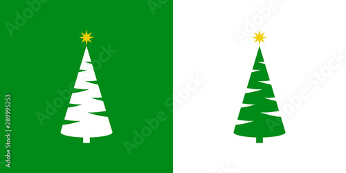 Logotipo con árbol de navidad abstracto cónico con estrella y ramas en verde y blanco