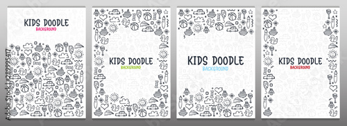 Set of Hand draw Kids doodle backgrounds. Objects from a child's life.