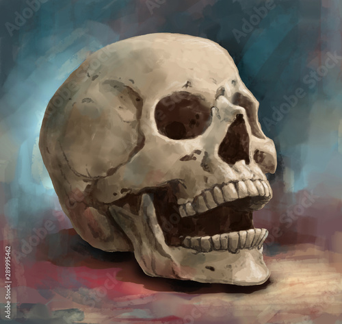 Creepy human skull for horror, Halloween or death themed concepts, illustration painting of digital art style