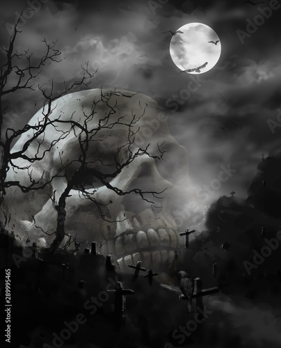 Creepy human skull for horror, Halloween or death themed concepts, illustration painting of digital art style