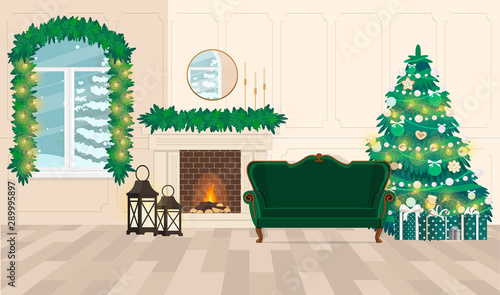 Christmas living room with fireplace, huge window with emerald classic-style sofa.
