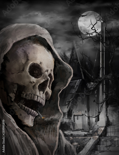 Creepy human skull for horror, Halloween or death themed concepts, abandoned village, illustration painting of digital art style