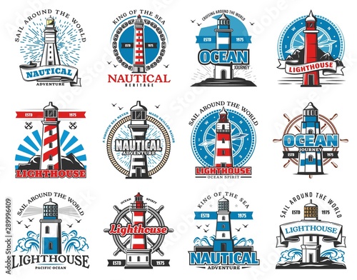 Nautical lighthouse buildings, beacon icons