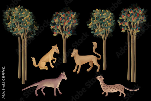 Drawn clip art set with different forest fantastic beasts on black background. Illustration in medieval tapestries style