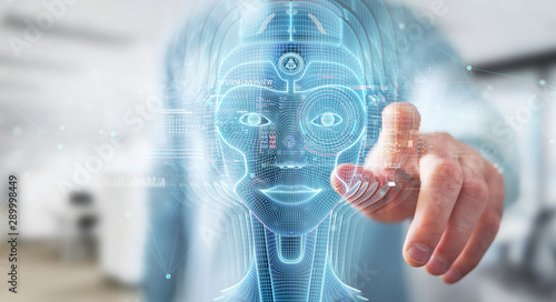 Businessman using digital artificial intelligence head interface 3D rendering