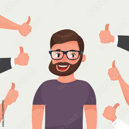 Cheerful hipster bearded young man surrounded by hands demonstrating thumbs up gesture. Public appreciation, positive opinion, respect, recognition, honor. Flat cartoon vector illustration