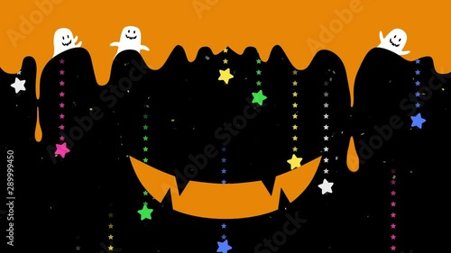 Happy halloween symbol with copyspace. Pumpkin. Smiling face emotion. Smile mouse, teeth, drooling. Melted space for creative design. Cute cartoon ghost funny character. Loop animation. photo