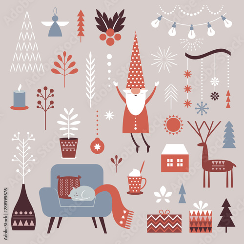Set of Nordic Christmas graphic elements, cozy cute decorative illustrations