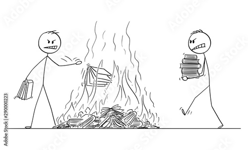 Vector cartoon stick figure drawing conceptual illustration of two men burning books, throwing books in fire. Concept of censorship and hate.