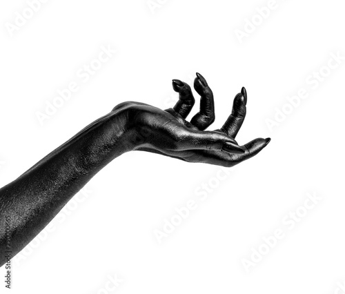Black painted hands with long nails isolated on white background
