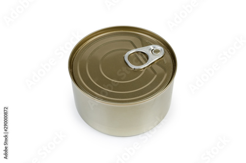 Sealed round tin can of canned fish on white background