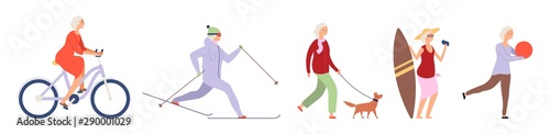 Elderly woman. Active flat happy elderly woman character. Vector female set. Illustration activity lifestyle, retirement life, relax pensioner, grandma healthy