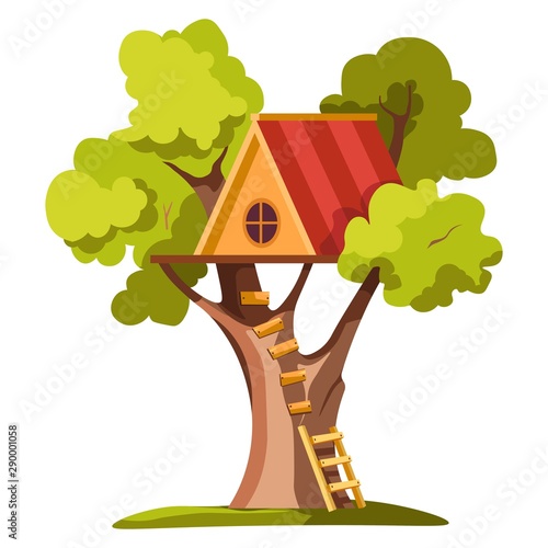Treehouse on backyard, house on tree, hut and ladder, playground