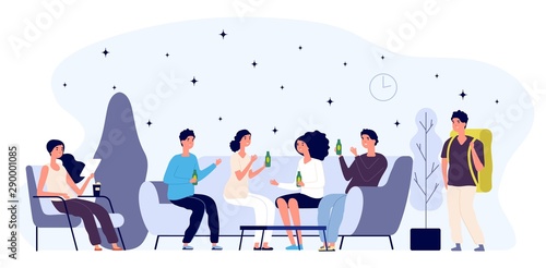 Hostel lounge concept. Happy young people flat characters, tourist. Lounge room vector illustration. Hospitality lounge area, zone lobby hostel